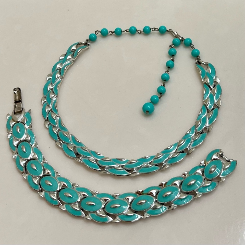 Vintage Coro Baby Blue Enamel Necklace & Bracelet Set